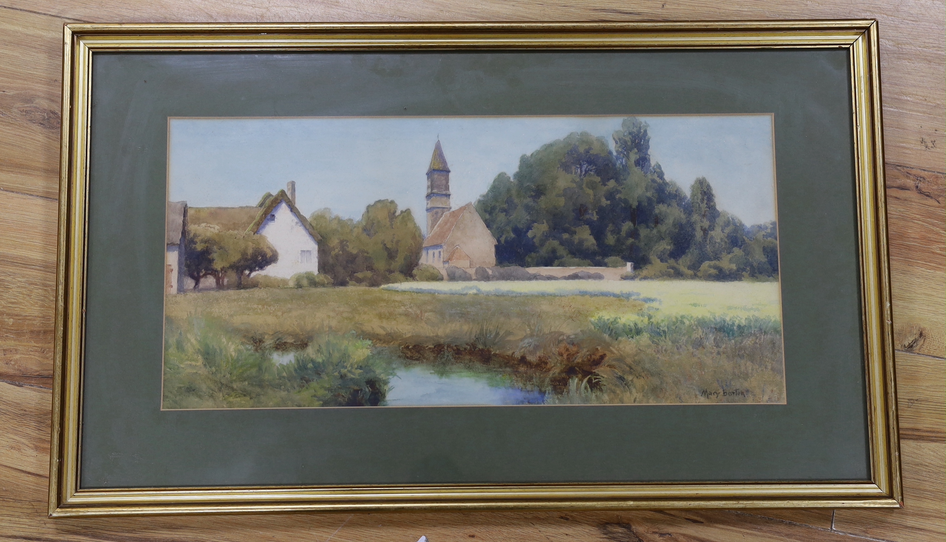 Mary Georgina Barton (Irish 1861-1949), watercolour, Rural landscape with church, signed lower right, 52cm x 25cm